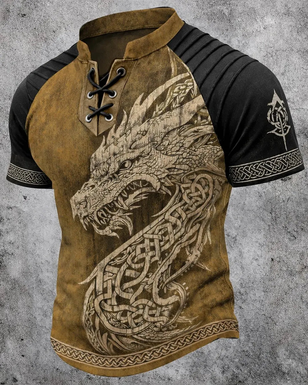 Men's Viking Fantasy Dragon Print Short-Sleeve Henley T-Shirt 1232