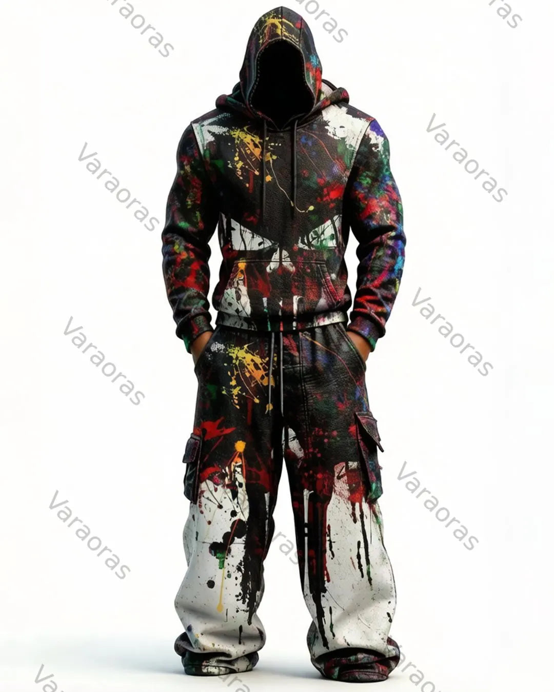 Men's Fashion Skull Contrast Color Embroidered Hoodie & Pants Two-Piece Set 4791