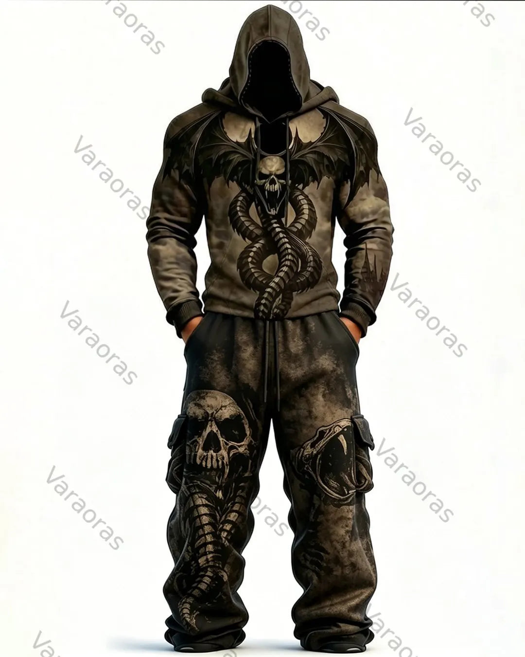 Men's Fashion Contrast Color Skull Embroidered Hoodie & Pants Two-Piece Set 6860