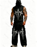 Men's Fashion Cross Embroidered Hooded Sleeveless Top and Pants Two-Piece Set1886