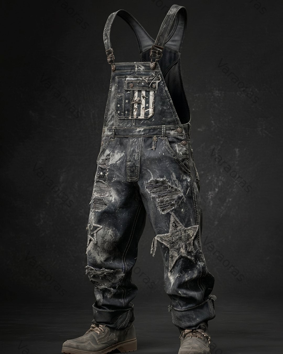 Men's Summer Outdoor Casual Independence Day 3D Embroidered Denim Jumpsuit Overalls 1990