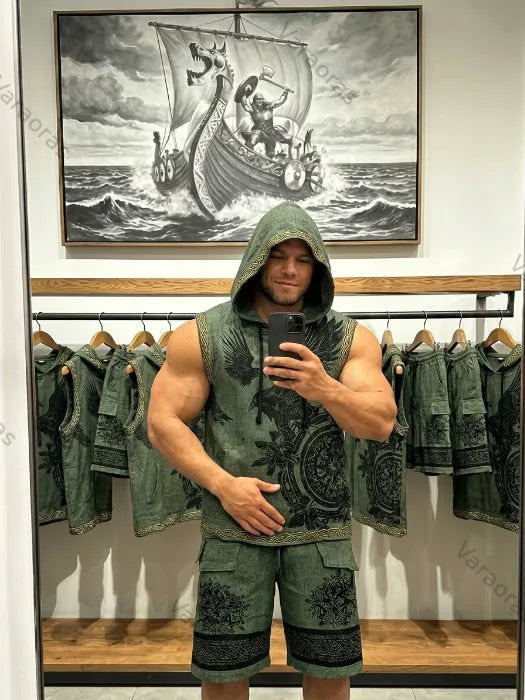 Men's Viking Color-Block Embroidered Linen Sleeveless Hooded Top and Pants Two-Piece Set 9385