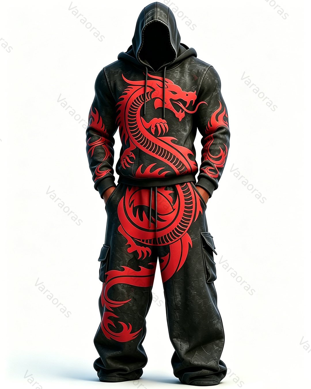 Men's Fashion Contrast Colo Red Dragonr Embroidered Hoodie & Pants Two-Piece Set 2312