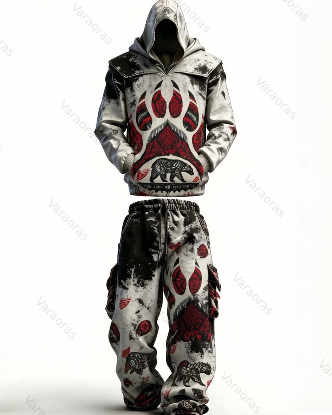 Men's Fashion Viking Contrast Color Embroidered Hoodie & Pants Two-Piece Set 9508