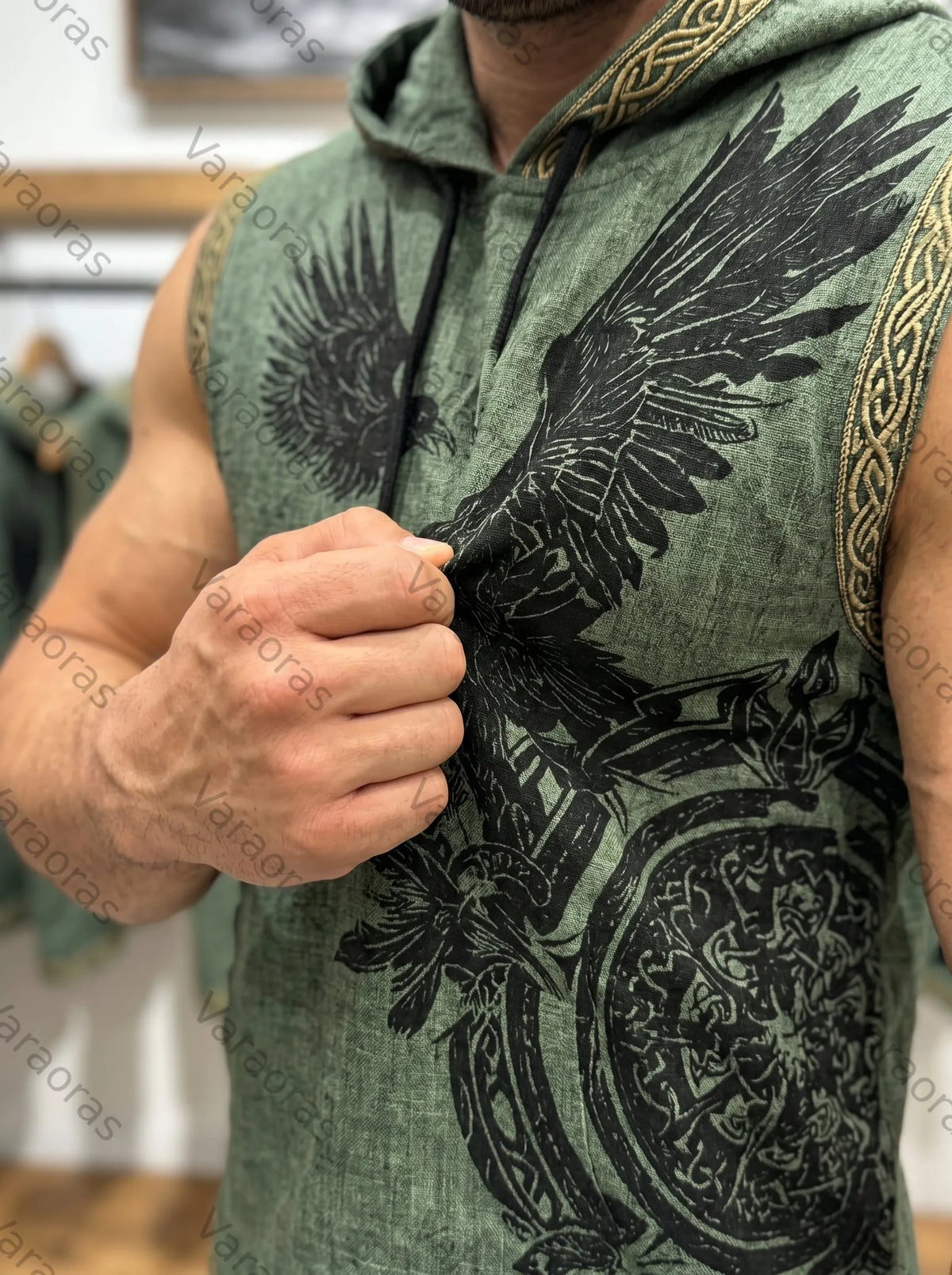 Men's Viking Color-Block Embroidered Linen Sleeveless Hooded Top and Pants Two-Piece Set 9385