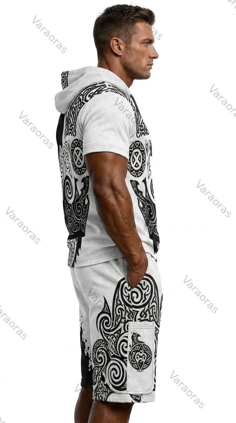 Men's Viking Color-Block Embroidered Hooded Short-Sleeved Top and Shorts Set 8937