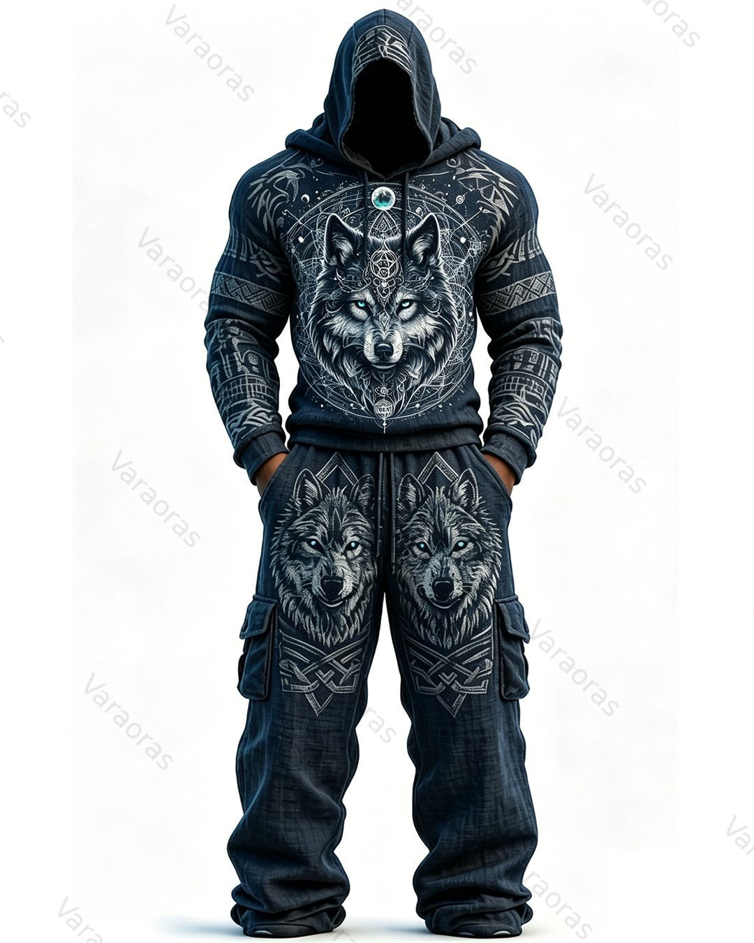 Men's Summer Fashion Viking Embroidered Short-Sleeve Hooded Top and Pants Two-Piece Set 9486