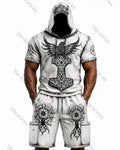 Men's Viking Color-Block Embroidered Hooded Short-Sleeved Top and Shorts Set 2763