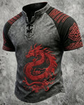 Men's Viking Red Dragon Print Short-Sleeve Henley T-Shirt 2114