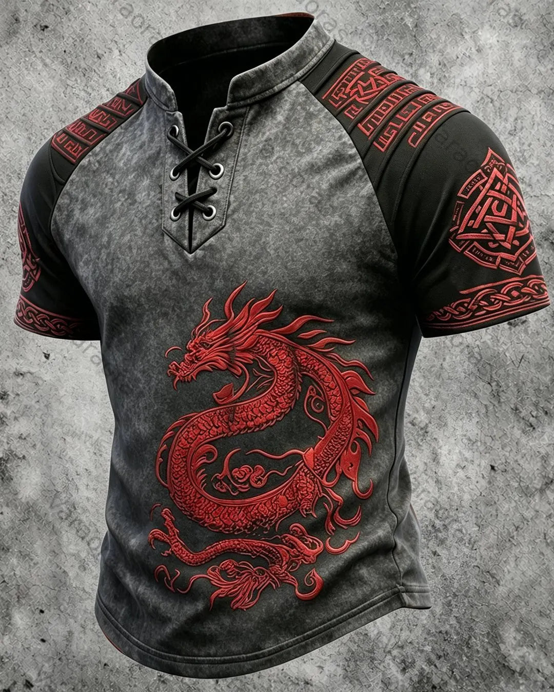 Men's Viking Red Dragon Print Short-Sleeve Henley T-Shirt 2114