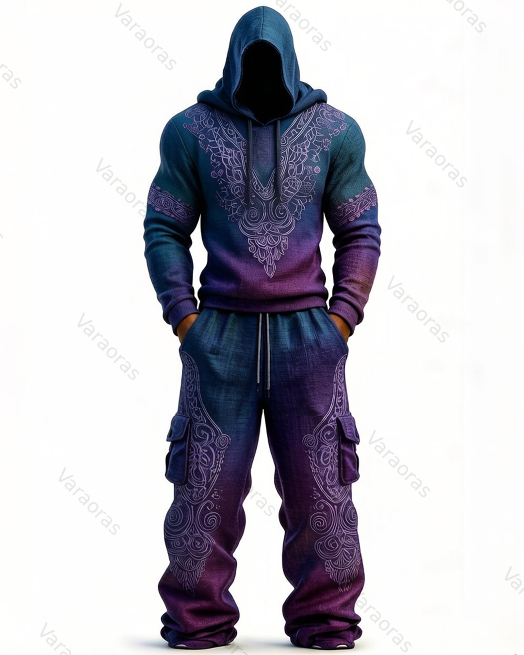 Men's Fashion Viking Gradient Embroidered Hoodie & Pants Two-Piece Set 9290