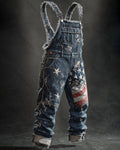 Men's Summer Outdoor Casual Independence Day 3D Embroidered Denim Jumpsuit Overalls 6659