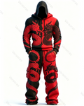 Men's Fashion Contrast Color Twin Dragon Hooded & Pants Two-Piece Set 9365