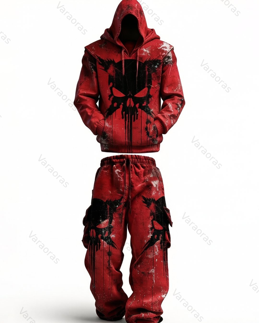 Men's Fashion Skull Contrast Color Embroidered Hoodie & Pants Two-Piece Set 8469