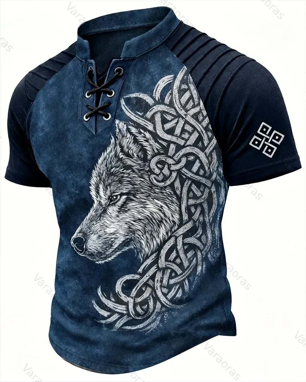 Men's Viking Wolf Symbol Print Short-Sleeve Henley T-Shirt 3246