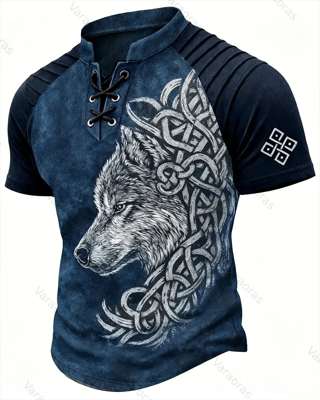 Men's Viking Wolf Symbol Print Short-Sleeve Henley T-Shirt 3246
