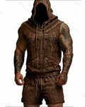 Men's Summer Fashion Viking Embroidered Short-Sleeve Hooded Top and Pants Two-Piece Set 8119
