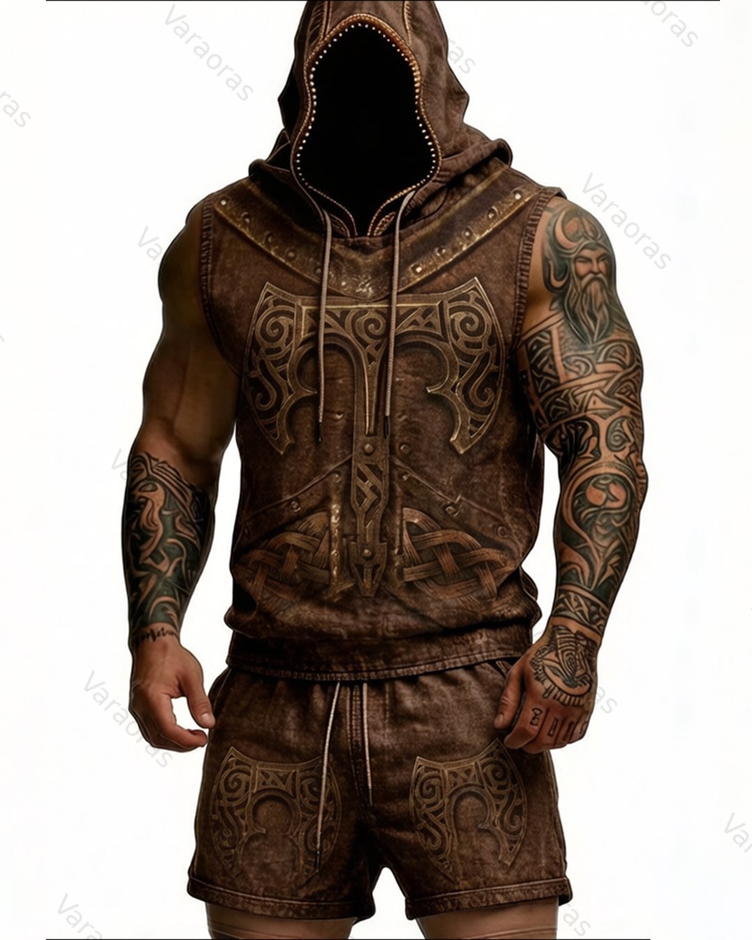 Men's Summer Fashion Viking Embroidered Short-Sleeve Hooded Top and Pants Two-Piece Set 8119