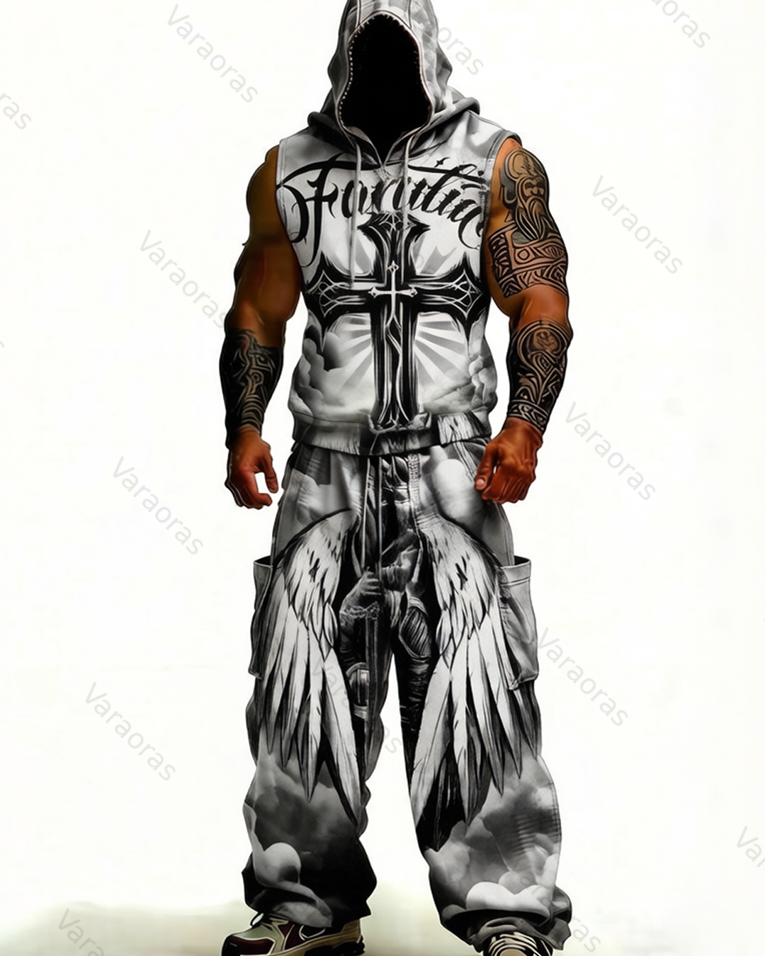 Men's Fashion Cross Embroidered Hooded Sleeveless Top and Pants Two-Piece Set9473