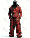 Men's Fashion Contrast Colo Red Dragonr Embroidered Hoodie & Pants Two-Piece Set 6203