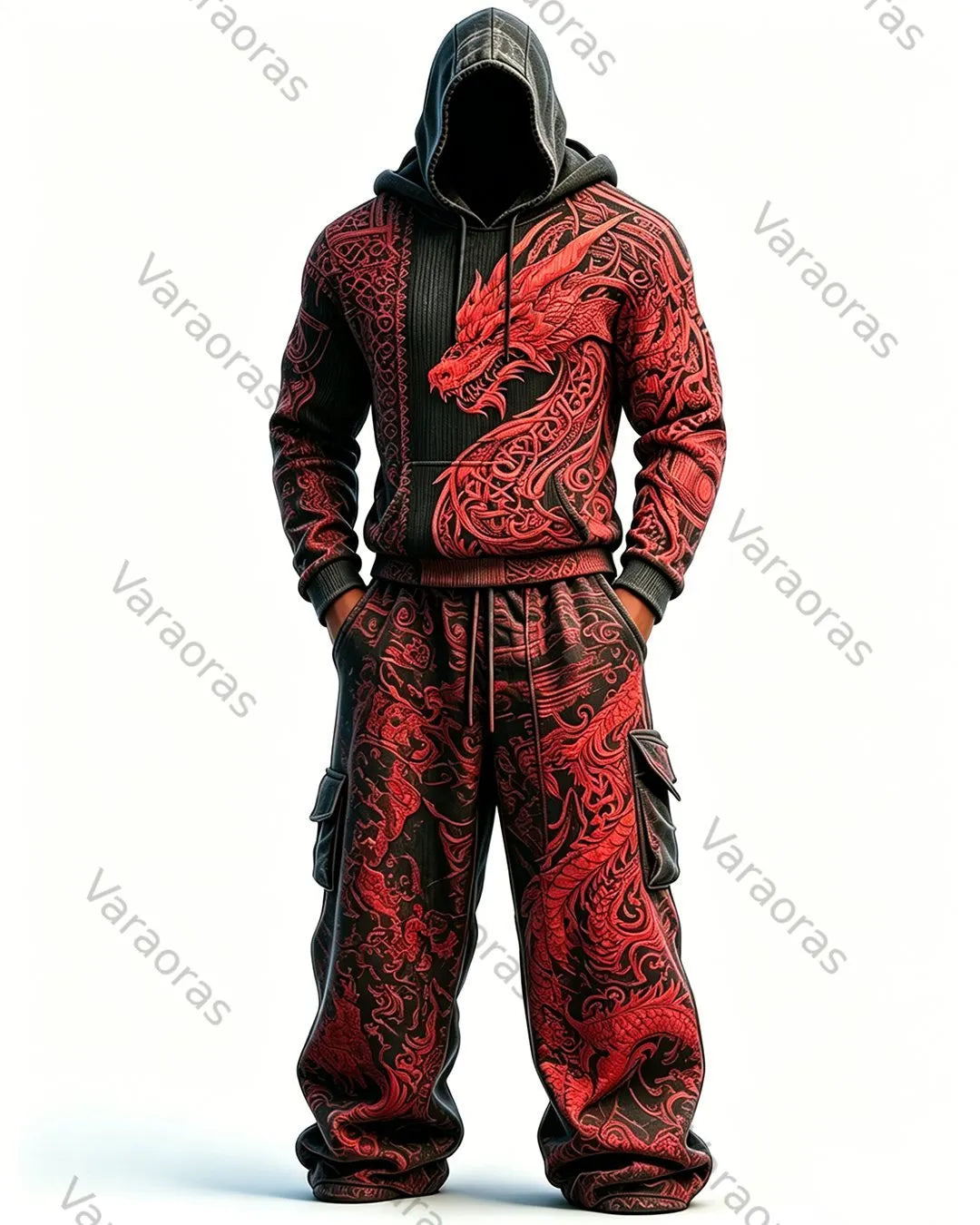 Men's Fashion Contrast Colo Red Dragonr Embroidered Hoodie & Pants Two-Piece Set 6203