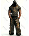 Men's Fashion Viking Contrast Color Embroidered Hoodie & Pants Two-Piece Set 6292