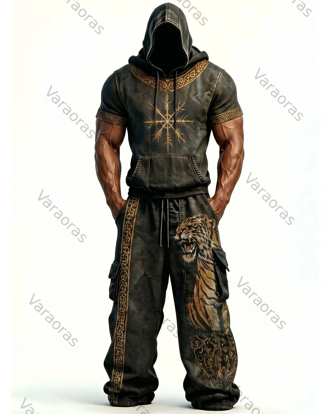 Men's Fashion Viking Contrast Color Embroidered Hoodie & Pants Two-Piece Set 6292