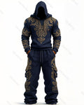 Men's Fashion Viking Contrast Color Embroidered Hoodie & Pants Two-Piece Set 1287