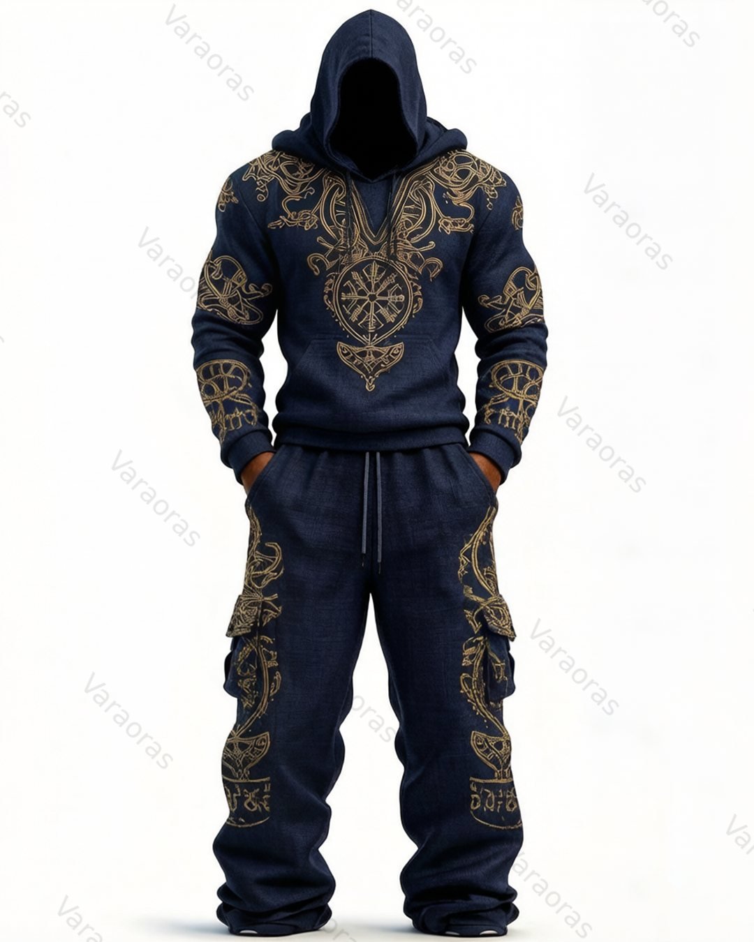 Men's Fashion Viking Contrast Color Embroidered Hoodie & Pants Two-Piece Set 1287