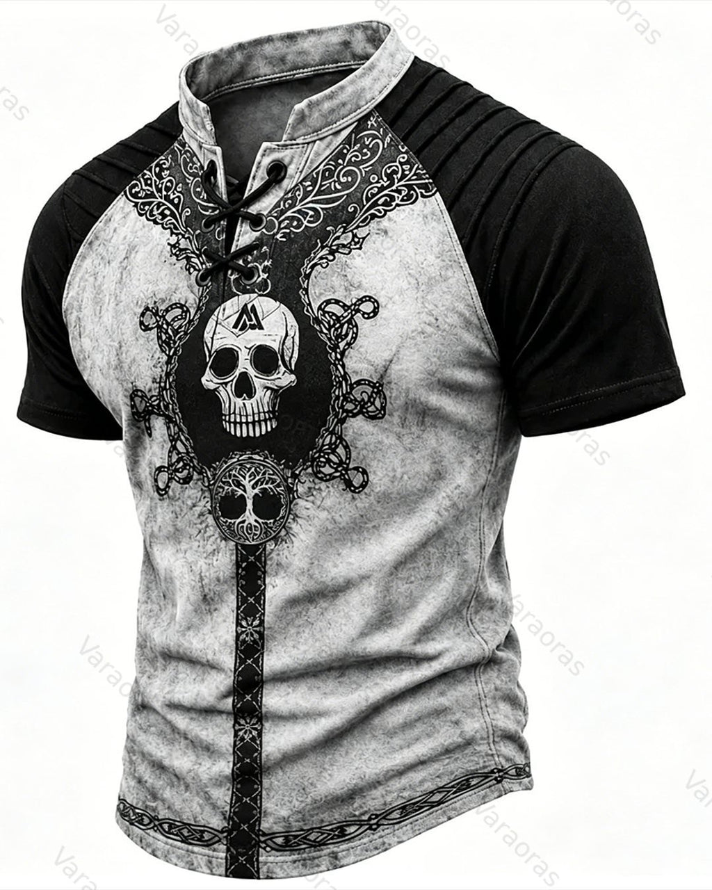 Men's Viking Skull Print Short-Sleeve Henley T-Shirt 9484