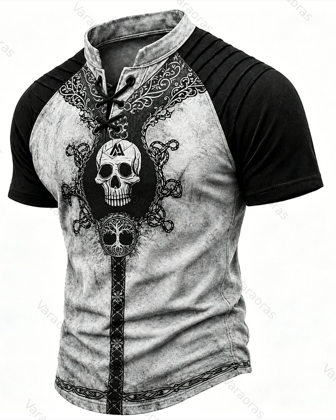 Men's Viking Skull Print Short-Sleeve Henley T-Shirt 9484