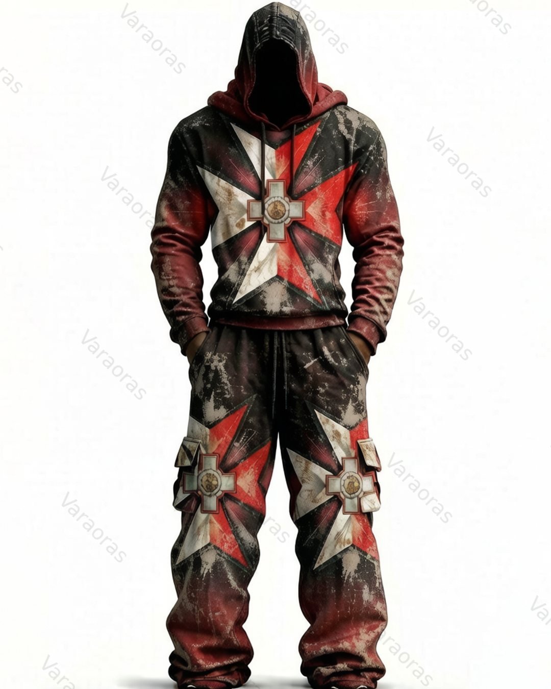 Men's Gradient Cultural Cross Embroidered Distressed Hoodie and Pants Two-Piece Set 9669