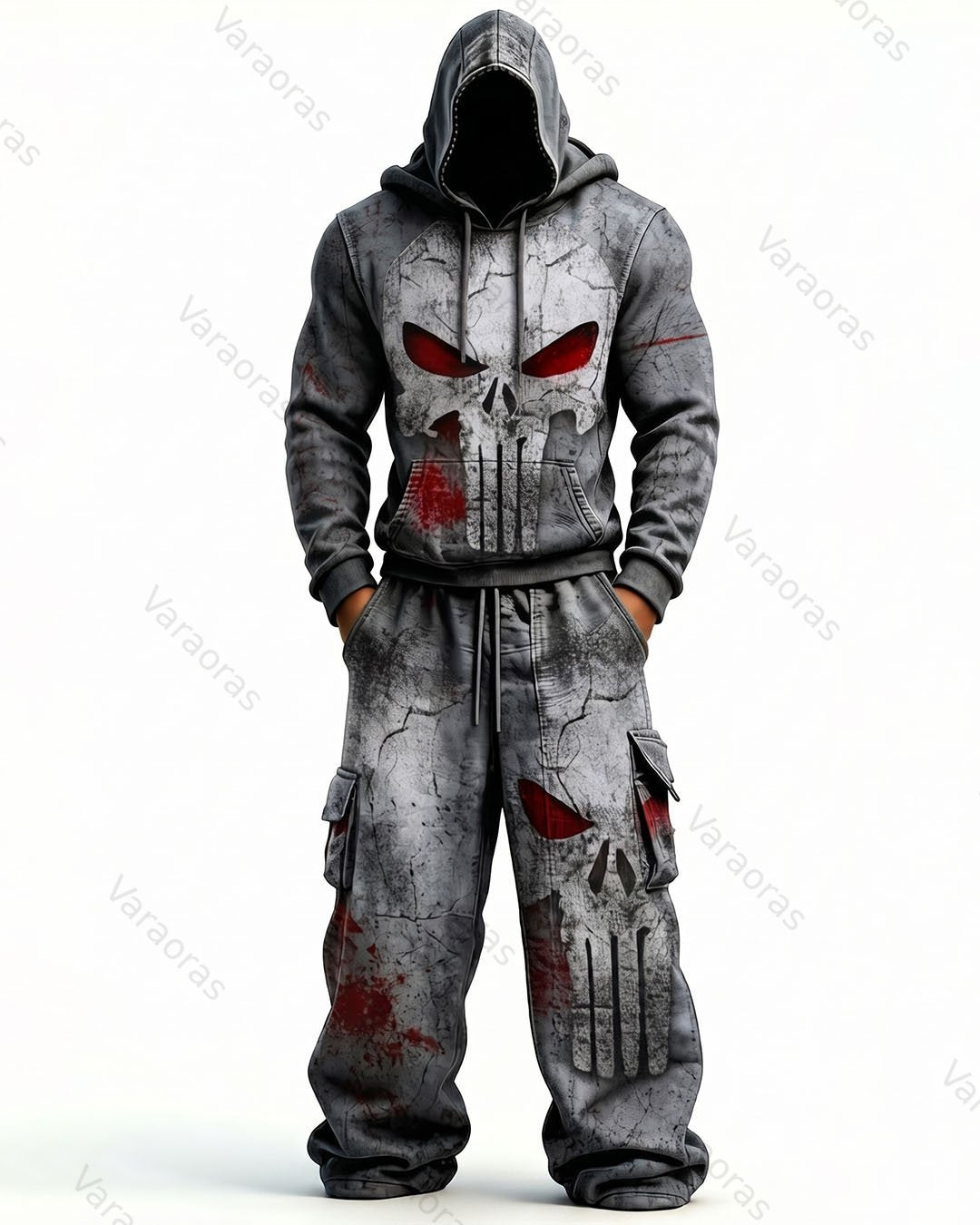 (Short Set) Men's Fashion Skull Contrast Color Embroidered Hoodie & Pants Two-Piece Set 5164
