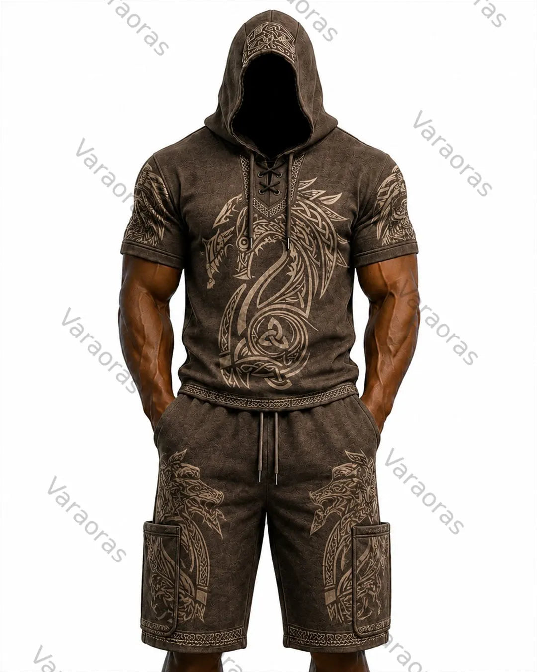 Men's Viking Color-Block Embroidered Hooded Short-Sleeved Top and Shorts Set 8065