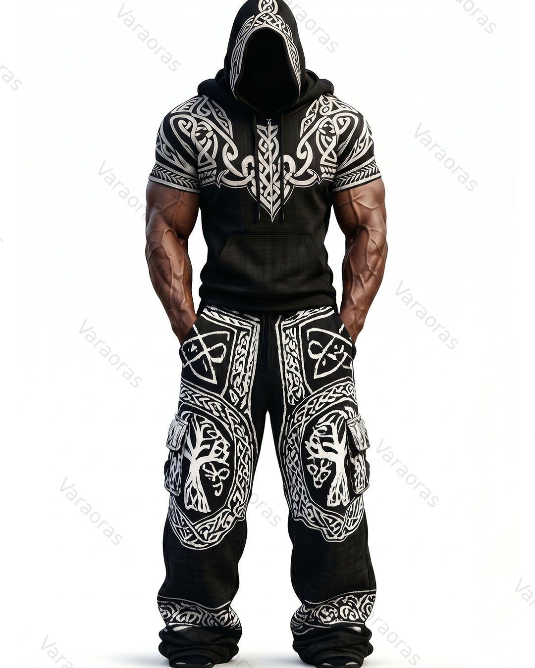 Men's Fashion Viking Contrast Color Embroidered Hoodie & Pants Two-Piece Set 9281
