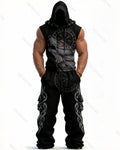 Men's Viking-Style Color-Block Embroidered Hooded Sleeveless Top and Pants Two-Piece Set 3338