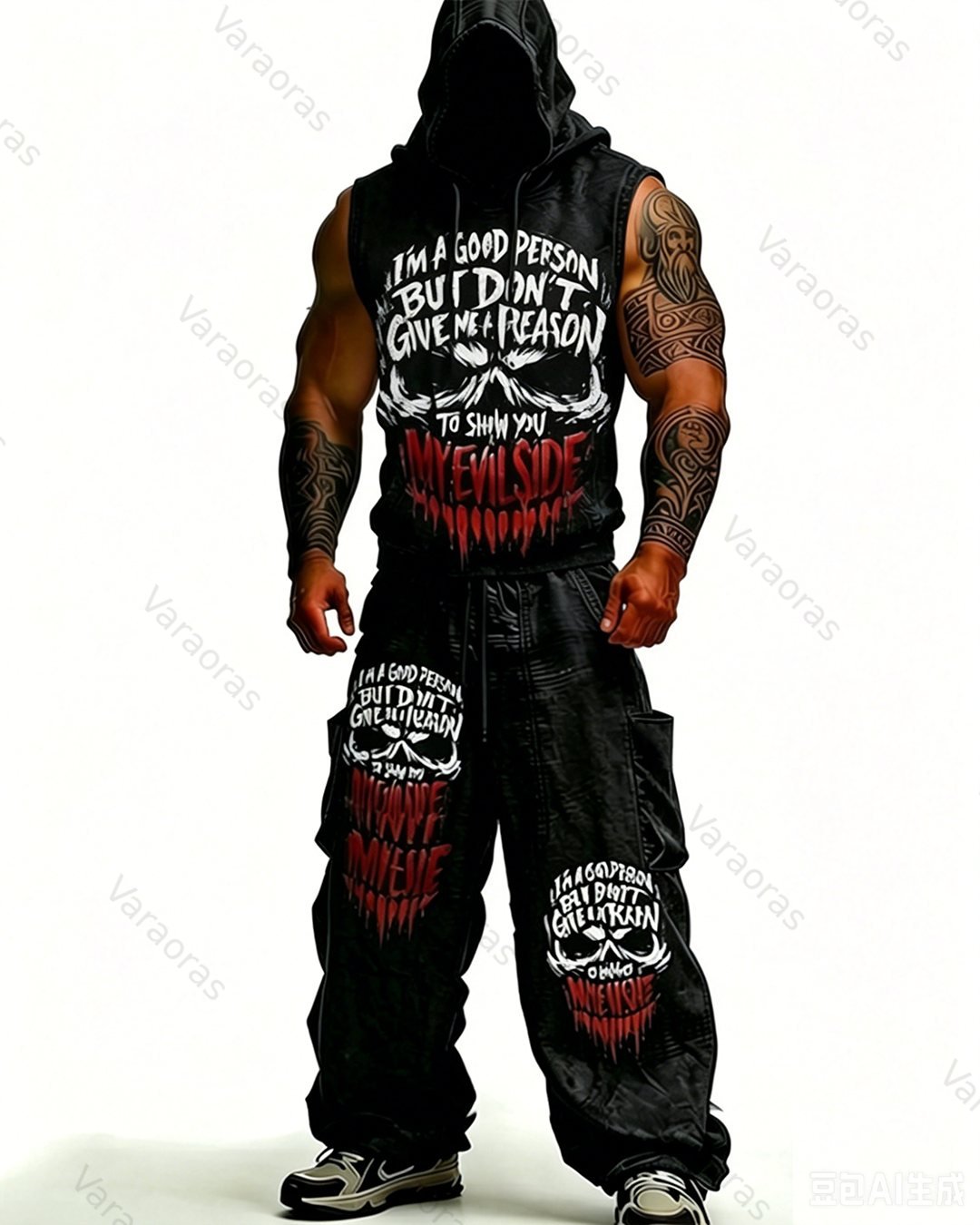 Men's Fashion Skull Embroidered Hooded Sleeveless Top and Pants Two-Piece Set 8472