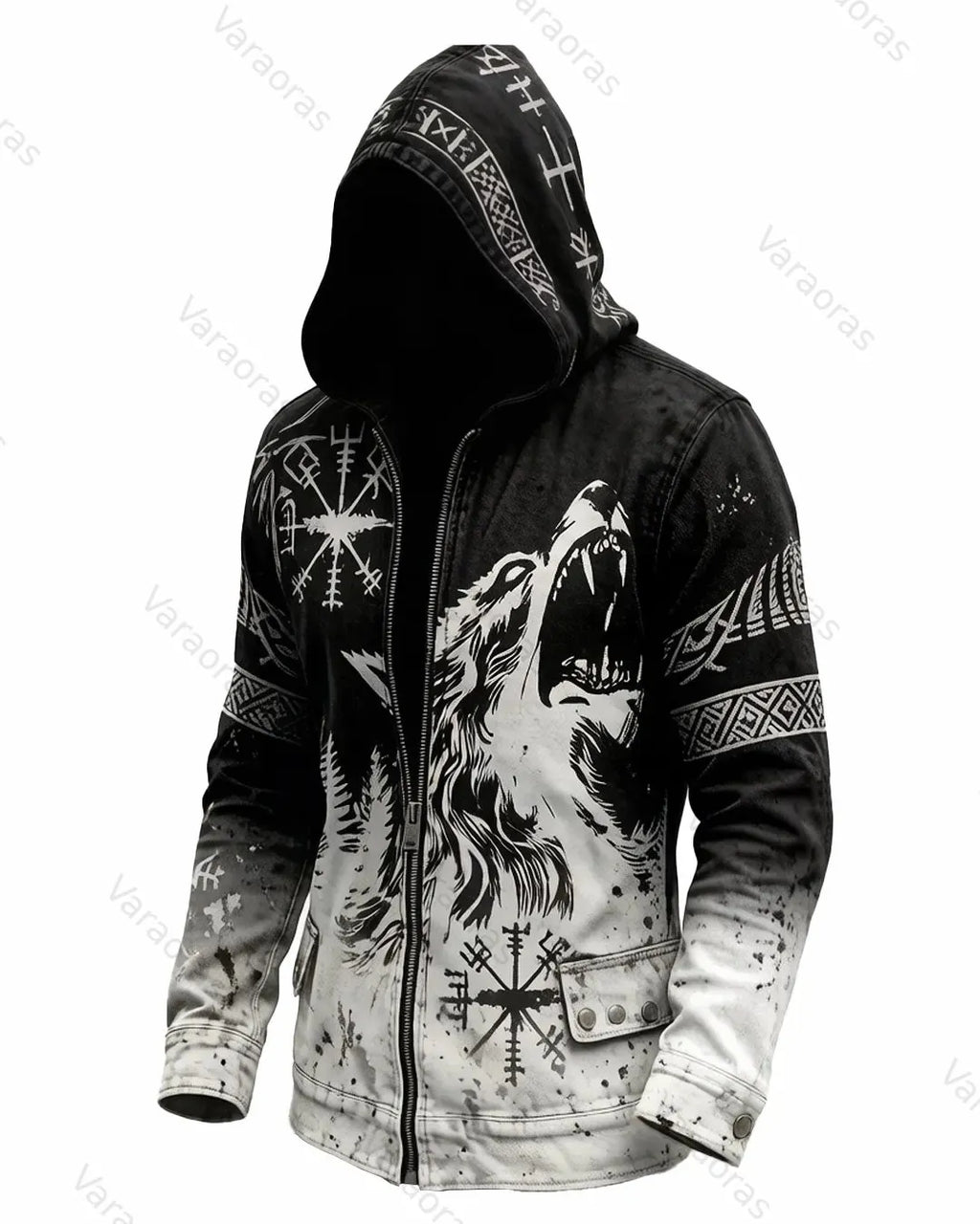 Men's Retro Fashion Viking Wolf Print Cotton Linen Hooded Zip-Up Jacket  6175