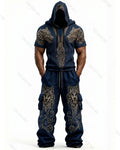 Men's Fashion Viking Contrast Color Embroidered Hoodie & Pants Two-Piece Set 5217