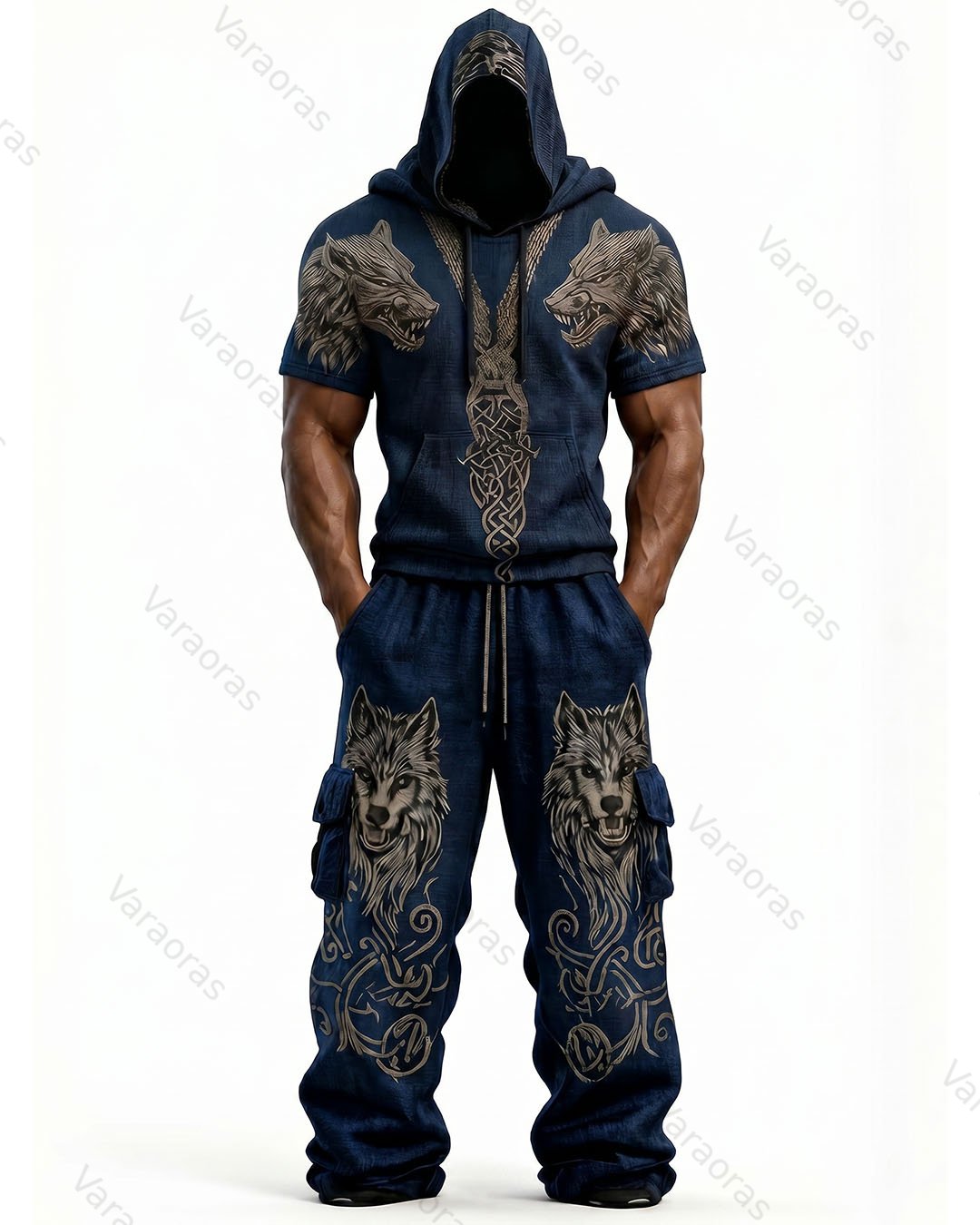 Men's Fashion Viking Contrast Color Embroidered Hoodie & Pants Two-Piece Set 5217