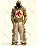 Men's Color-Blocked Cultural Cross Embroidered Distressed Hoodie and Pants Two-Piece Set 5694