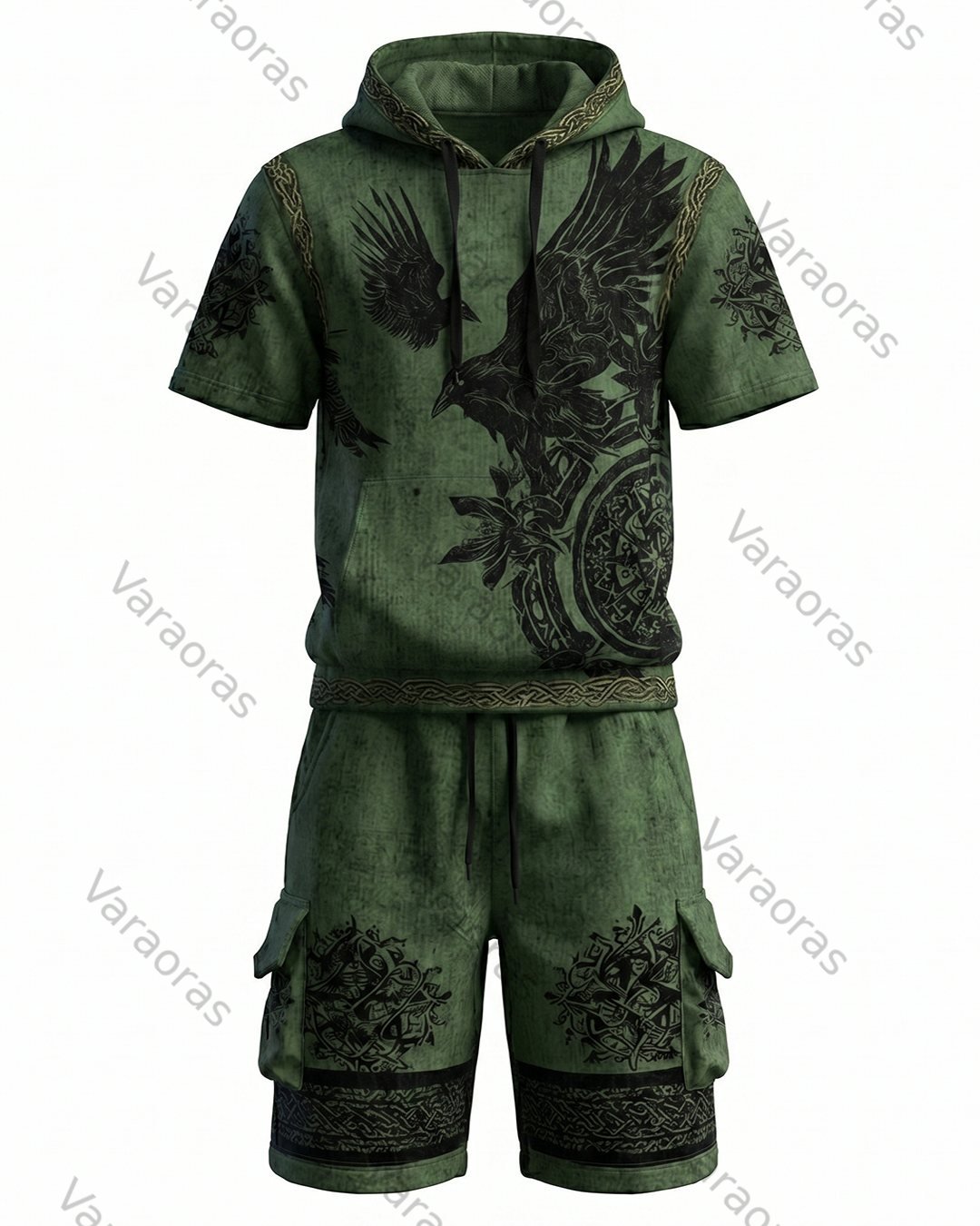 Men's Viking Contrast Color Embroidered Short-Sleeve Hoodie & Shorts Two-Piece Set 9858