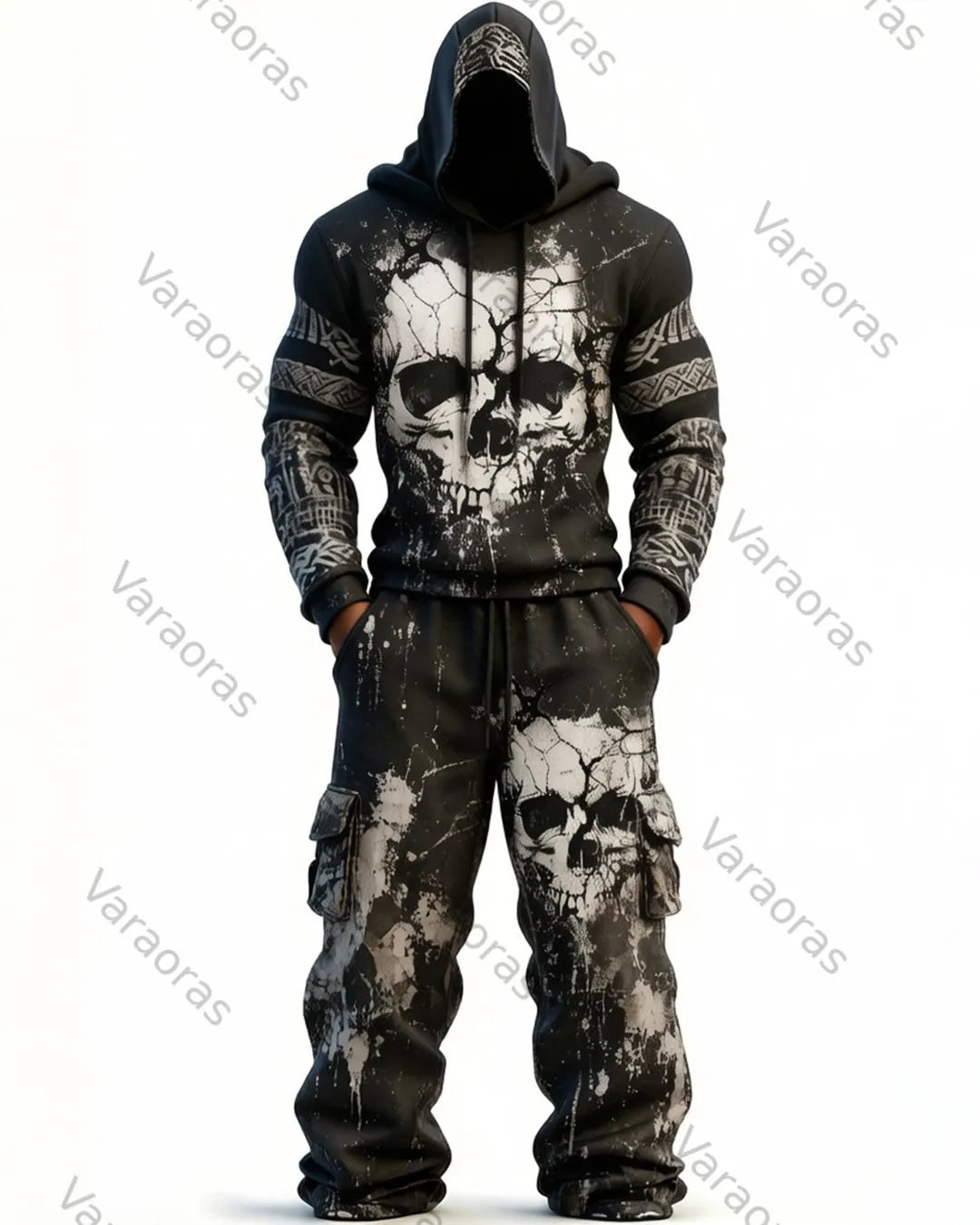 Men's Fashion Skull Contrast Color Embroidered Hoodie & Pants Two-Piece Set 8653