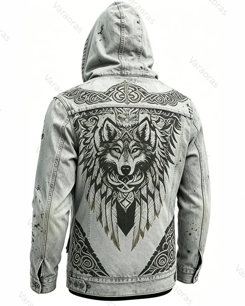 Men's Retro Fashion Viking Wolf Print Cotton Linen Hooded Zip-Up Jacket  1956