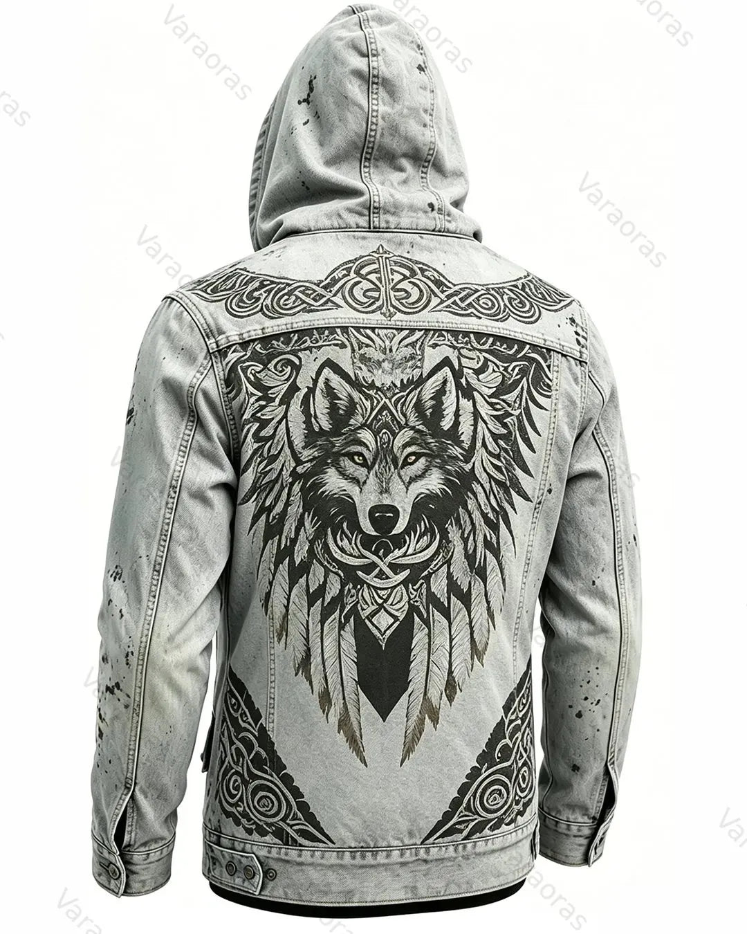 Men's Retro Fashion Viking Wolf Print Cotton Linen Hooded Zip-Up Jacket  1956