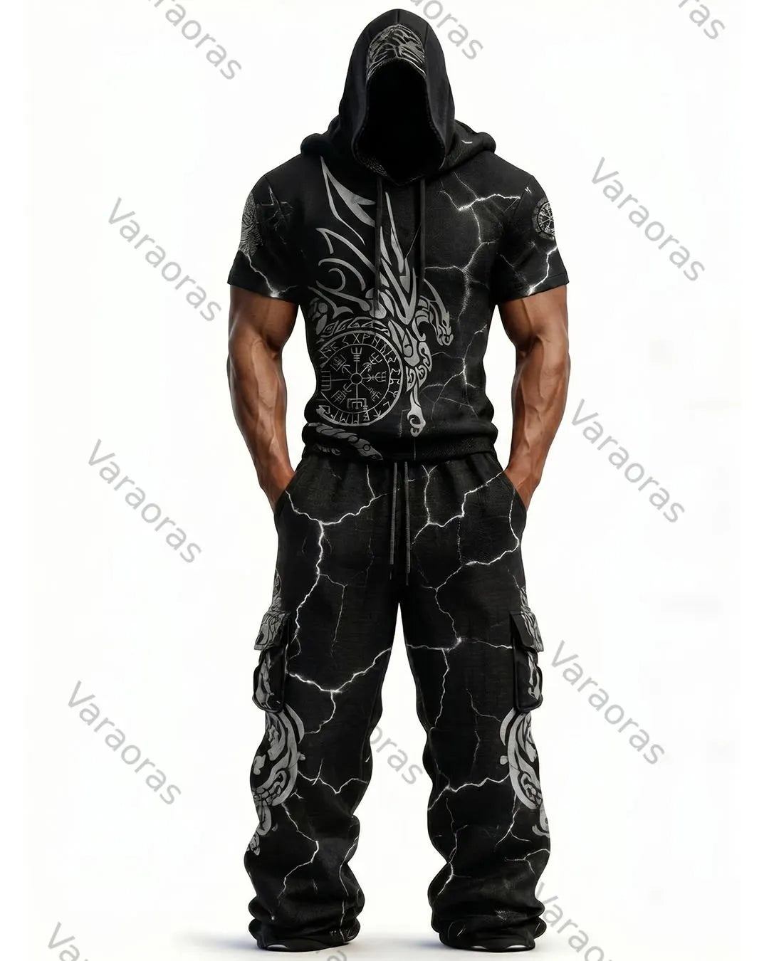 Men's Fashion Viking Contrast Color Embroidered Hoodie & Pants Two-Piece Set 5110
