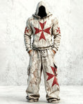 Men's Color-Blocked Cultural Cross Embroidered Distressed Hoodie and Pants Two-Piece Set 3453