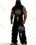 Men's Summer Outdoor Fashion Viking Element Embroidered Sleeveless Hooded Sweatshirt + Pants Two-Piece Set 6856