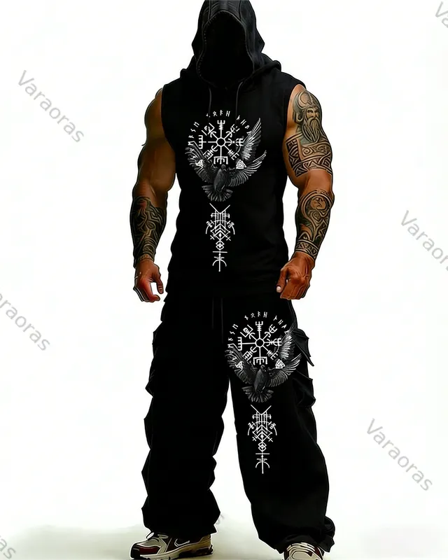 Men's Summer Outdoor Fashion Viking Element Embroidered Sleeveless Hooded Sweatshirt + Pants Two-Piece Set 6856