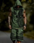 Men's Viking Color-Block Embroidered Linen Sleeveless Hooded Top and Pants Two-Piece Set 9385